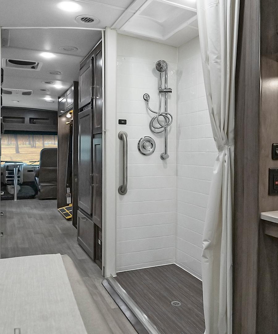 interior of wheelchair accessible motorhome, large shower